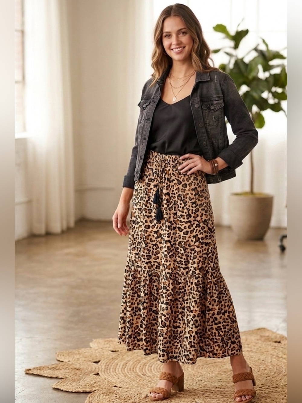 Leopard Print Tiered Maxi Skirt - Brown/Tan